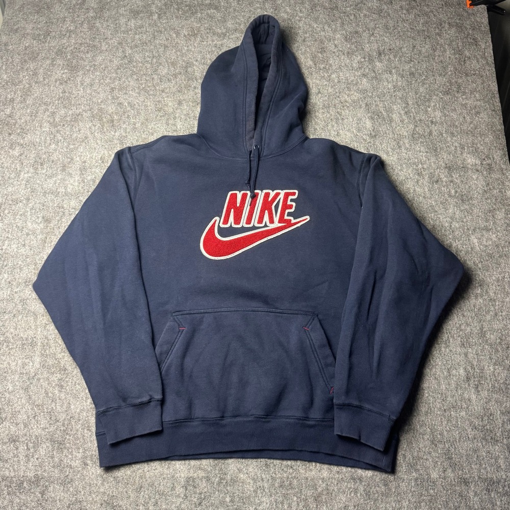 Nike Hoodie Mens XL Navy Blue Red Swoosh Spell Out Embroidered Logo Pullover